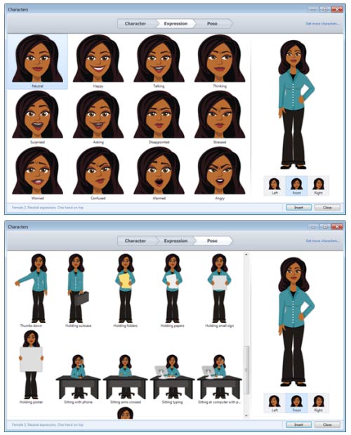 Examples of free illustrated characters that come with Articulate Studio '13 when using PowerPoint