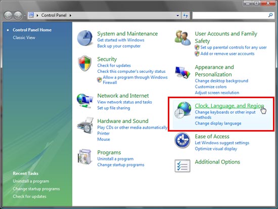 Clock, Language and Region option selected in Control Panel