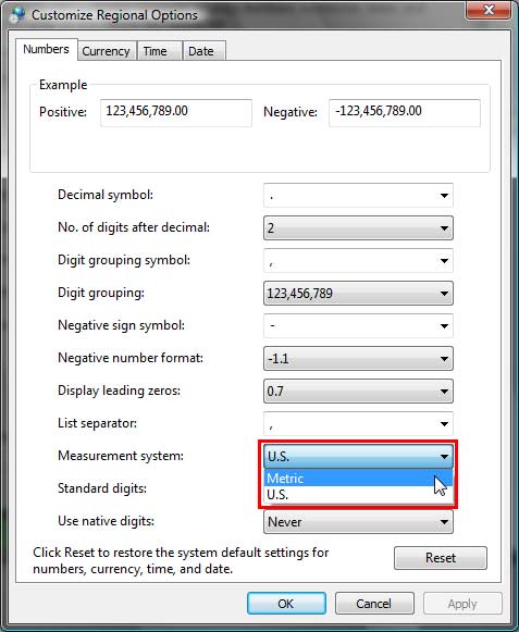 Metric measurent system selected within Customize Regional Options dialog box