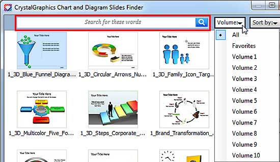 Volume drop-down list within CrystalGraphics Chart and Diagram Slide Finder dialog box 