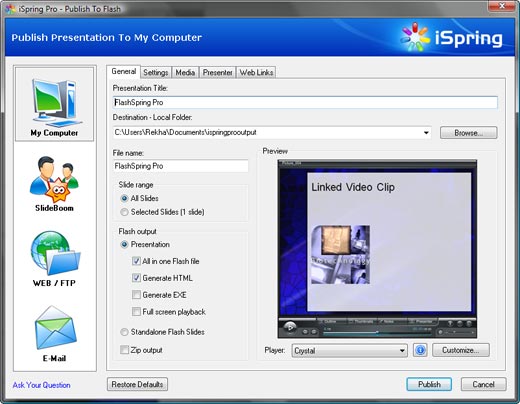Publish dialog box 