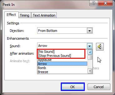 No Sound and Stop Previous Sound options within Sound drop-down menu 