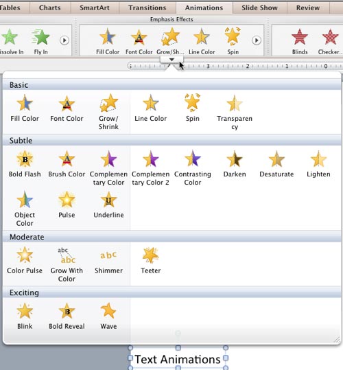 Emphasis Effects drop-down gallery opened along with a text box selected