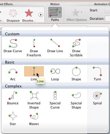 Line Motion Path selected within the Motion Paths drop-down gallery