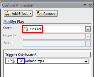 Custom Animation task pane displaying animation event and sound action of the selected sound clip