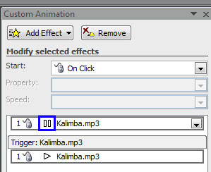 Custom Animation task pane displaying Pause sound action added to the sound clip