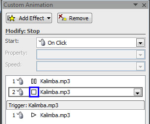 Custom Animation task pane displaying Stop sound action added to the sound clip