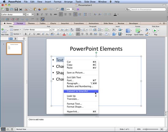 Convert to SmartArt option within the context menu