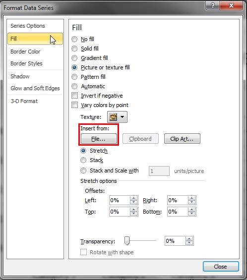Picture or texture fill option selected within the Format Data Series dialog box