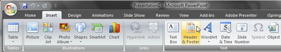 Header and Footer button 