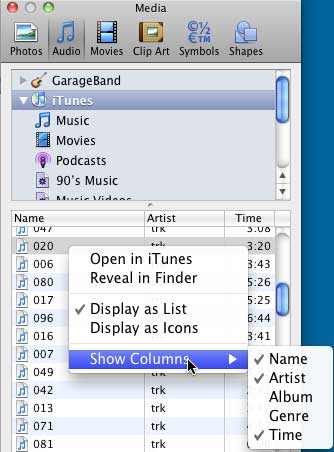 Show Columns submenu 