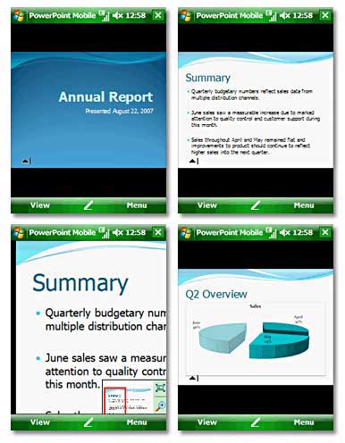 Screenshots from PowerPoint Mobile, part of Windows 6 