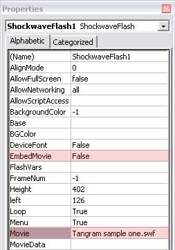 Properties pane with a link to the inserted Flash movie