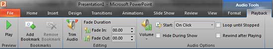 Audio Tools Playback tab of the Ribbon