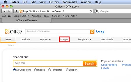 Images tab within the Microsoft Office home page