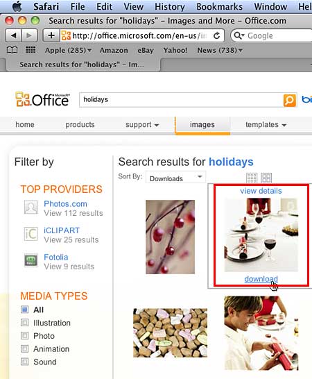 Selected thumbnail shows download link