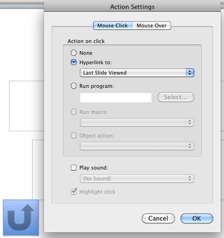 Action Settings dialog box with an Action Button placed on the slide