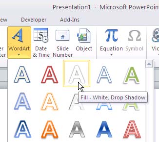 WordArt gallery in PowerPoint 2010 