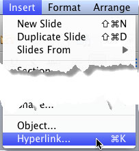 Hyperlink option selected within the Insert menu