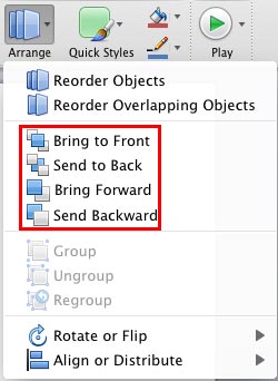 Order options let you send shapes and slide objects back or forward