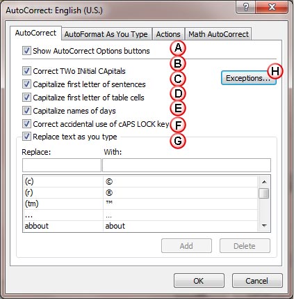 Options within AutoCorrect tab of the AutoCorrect dialog box
