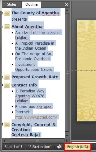 Entire text selected in the Outline pane