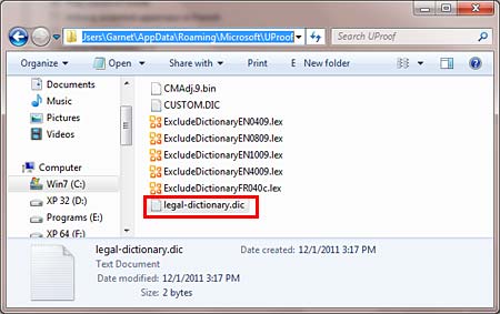 New dictionary file accessed within the windows explorer