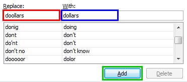 Entry within the Replace and With fields for a new word pair 