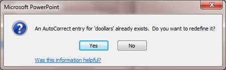 Message window asking confirmation for redefining an existing word pair entry