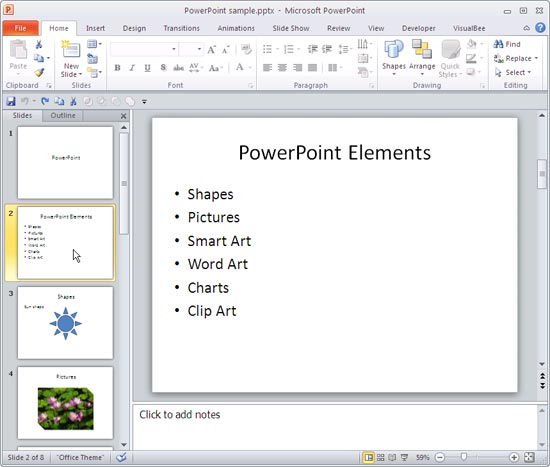 Open presentation with a text slide selected
