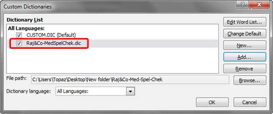 Custom Dictionaries dialog box