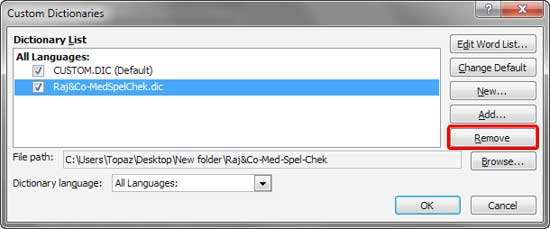 Custom dictionary selected for deletion