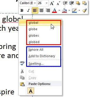 Contextual menu containing spelling suggestions 