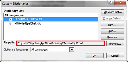 File path displaying the selected dictionaries location