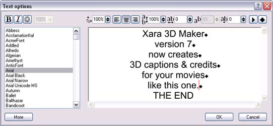 Text options dialog box