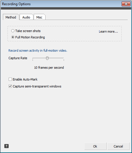 Recording Options dialog box