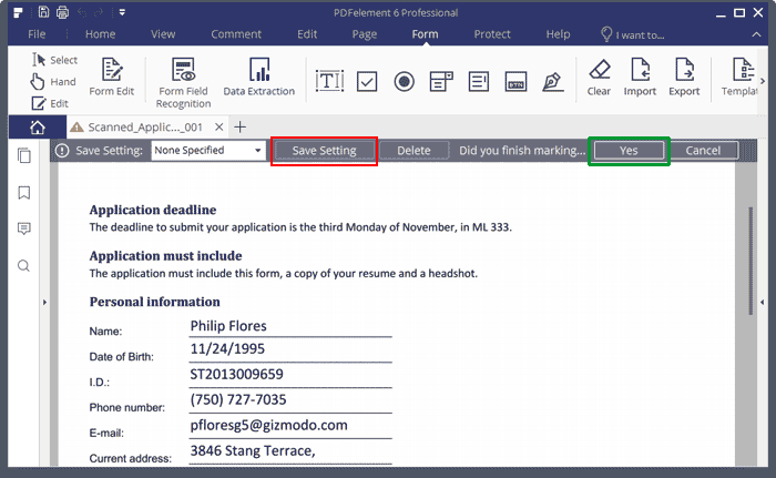 Save settings to identify data fields