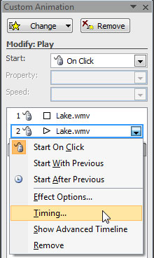 Timing option for the selected action Timing option for the selected action