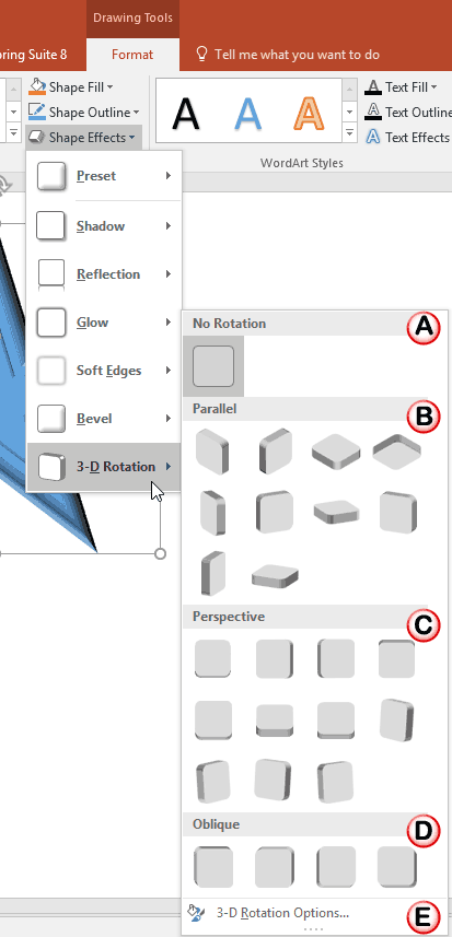 3-D Rotation sub-gallery within the Shape Effects drop-down gallery