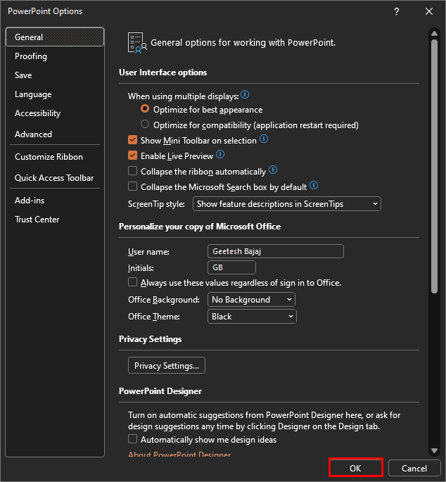 PowerPoint Options dialog box in PowerPoint 365 for Windows