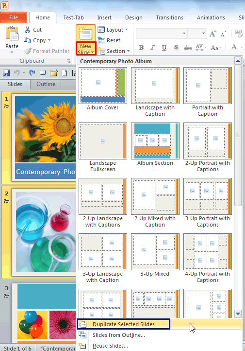 Duplicate Slides in PowerPoint 2010 for Windows