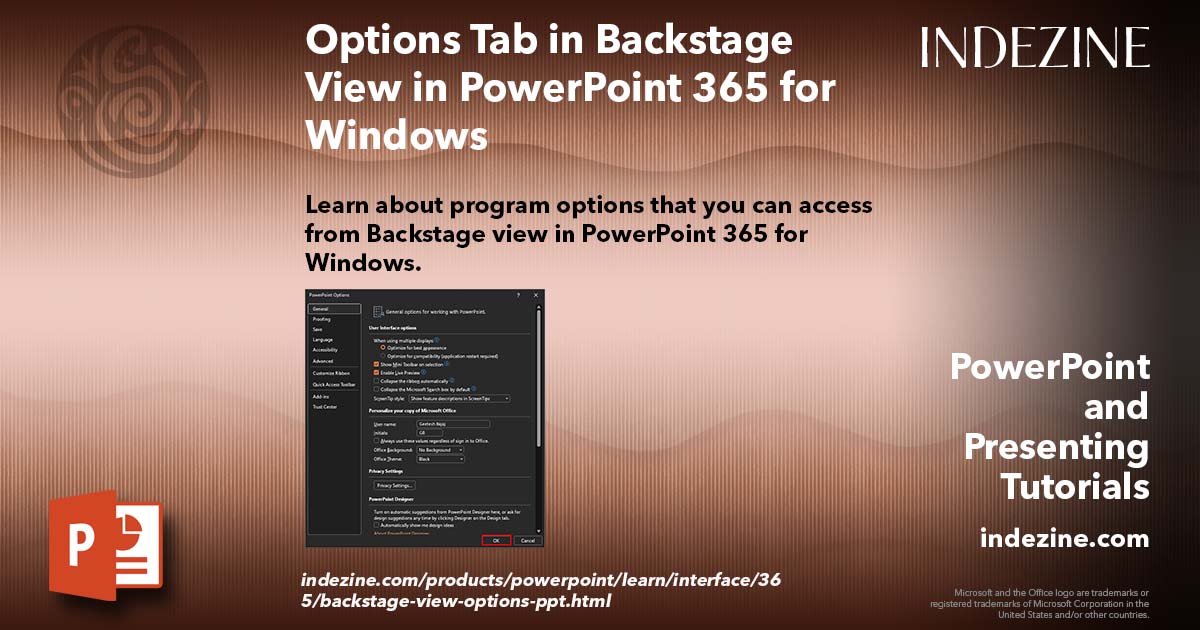 Options Tab in Backstage View in PowerPoint 365 for Windows