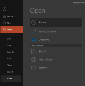 Open and Close Tabs of Backstage View in PowerPoint 365 for Windows