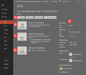 Info Tab of Backstage View in PowerPoint 2019 for Windows