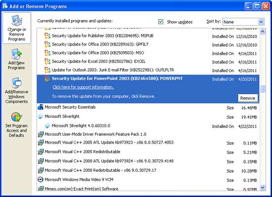 Add or Remove Programs window